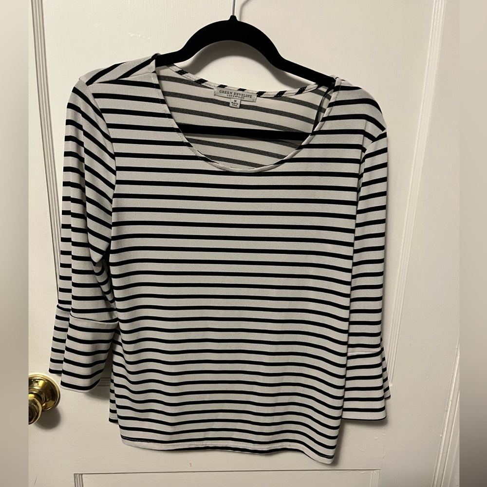 Green envelope, white and black, striped  3/4 flared sleeve shirt. Size medium